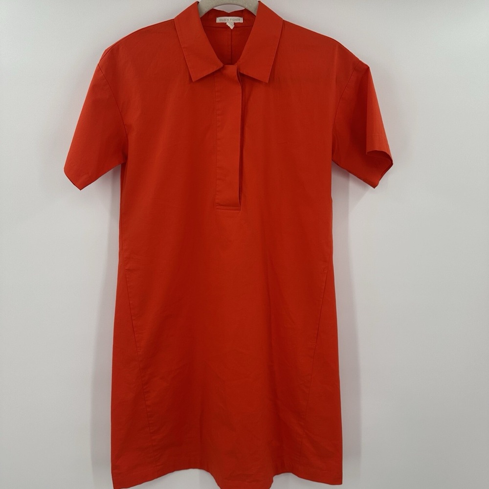 Eileen Fisher Womens Orange Cotton Blend Short Sleeve Collared Shirt Dress XXS